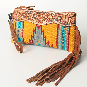 American Darling ADBG344TANA Wristlet Hand Tooled Saddle Blanket Genuine Leather Women Bag Western Handbag Purse